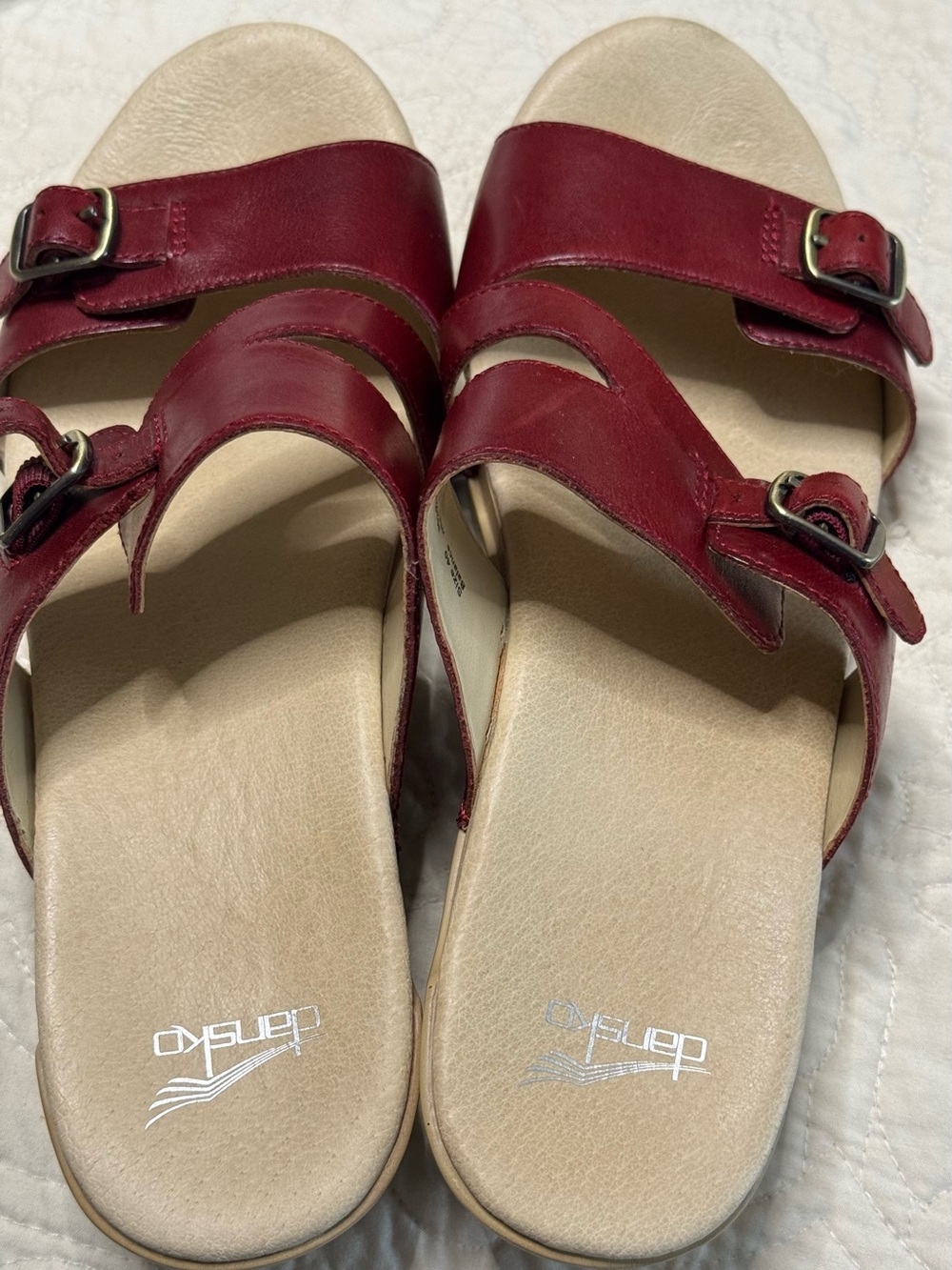 Dansko Women's Red Leather Double-Buckle Slide Sandals